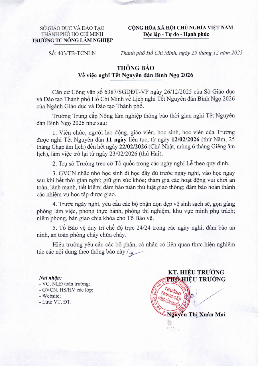 Thông báo nghỉ Tết Nguyên đán Bính Ngọ 2026